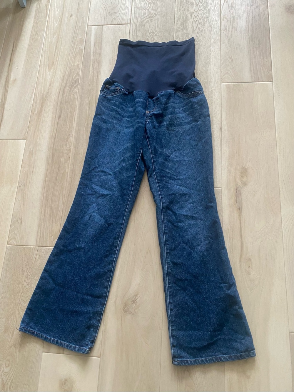Indigo Blue Dark Blue Flare Maternity Jeans with Black Waistband